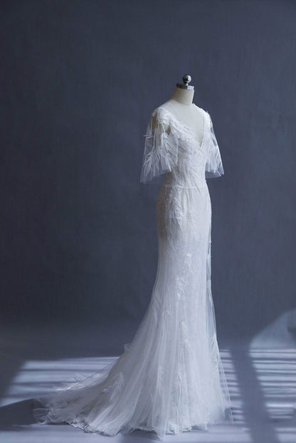 White  mermaid v neck tulle dress