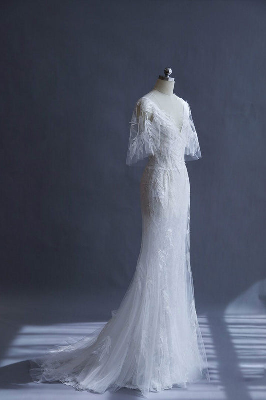 White  mermaid v neck tulle dress