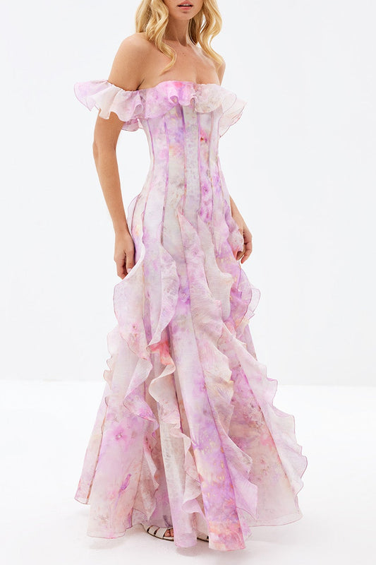 helen Floral Frill Off-Shoulder Maxi Dress in pink