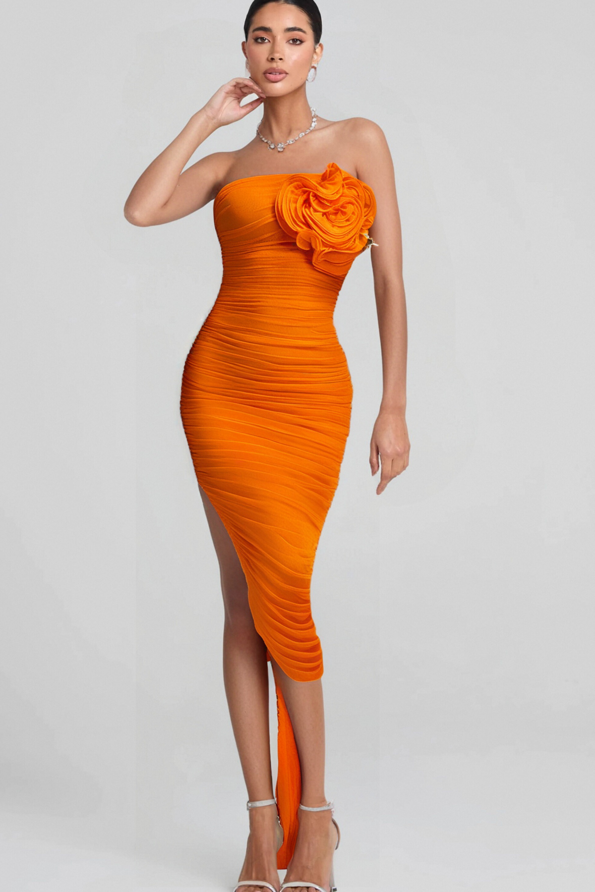 ORANGE OPEN BACK RUCHED FLOWER BODYCON MAXI DRESS