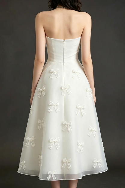 Draped Strapless Lace Bow Organza Mid Dress
