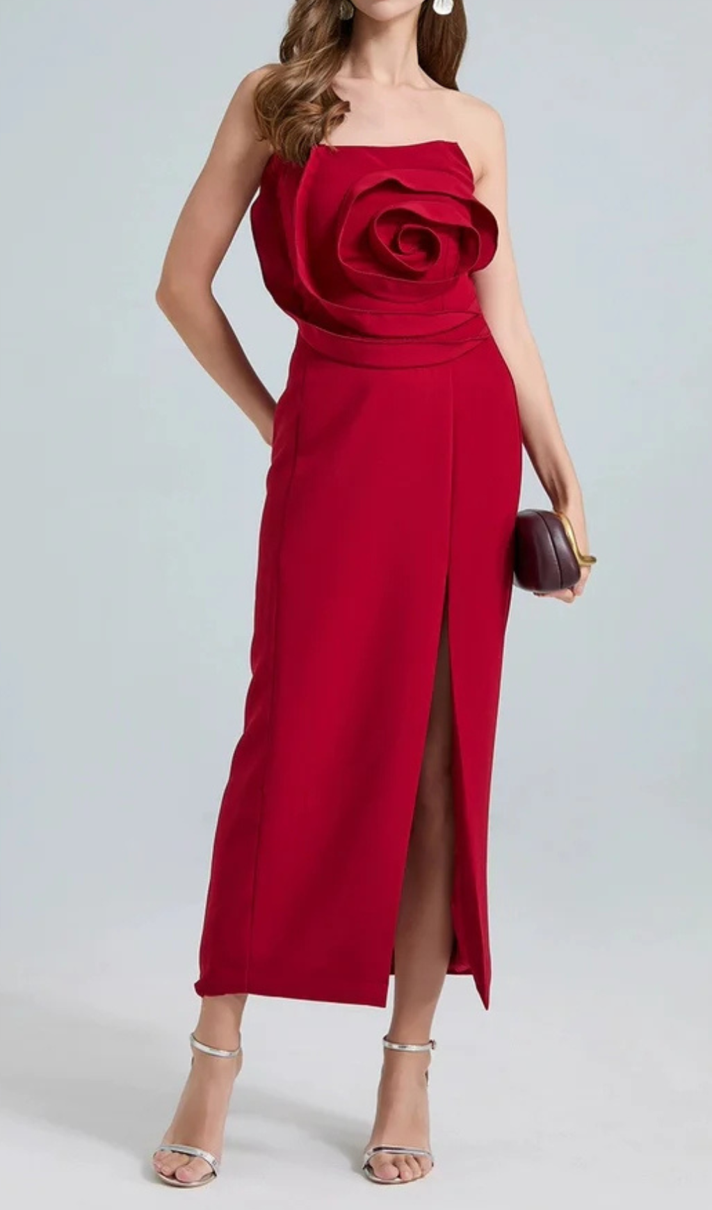 michelle 3d flower strapless midi dress in red