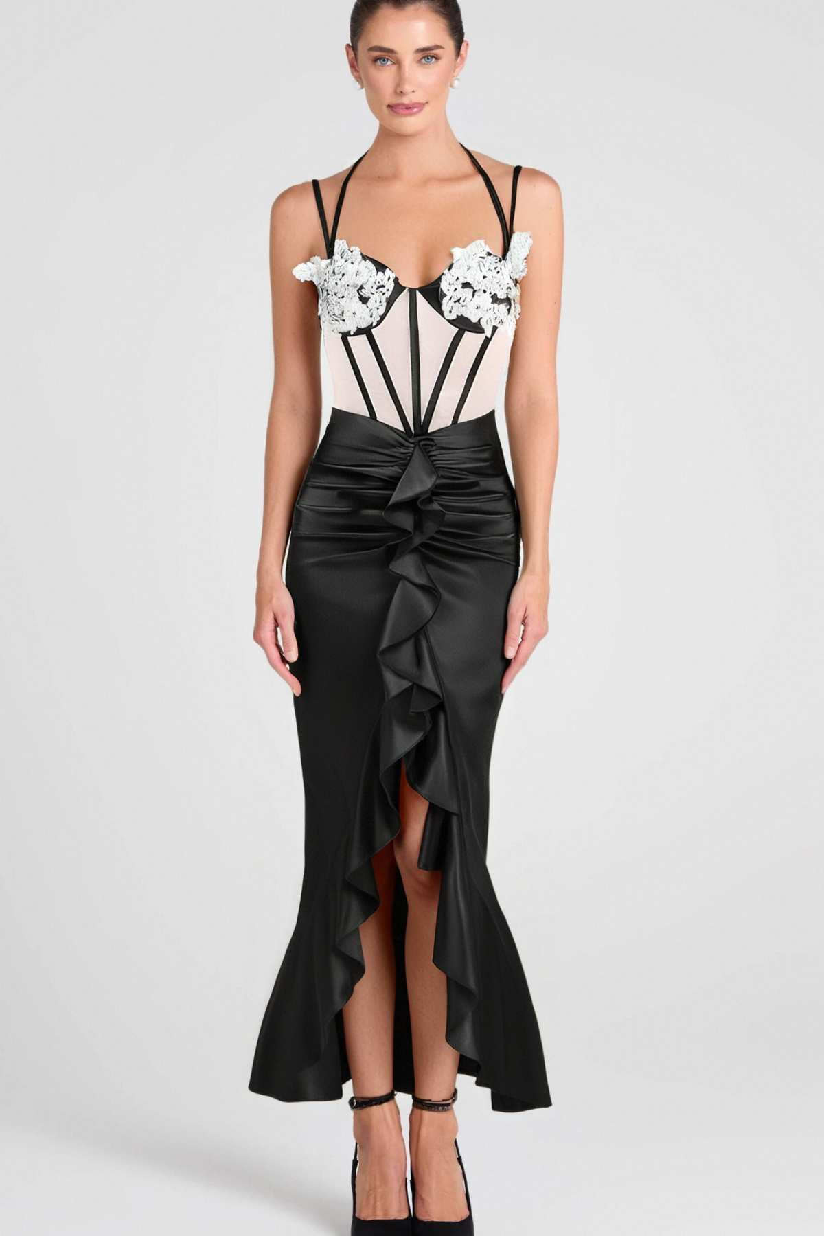 BEULAH BLACK SATIN CORSET SEQUIN WING CUP DRESS