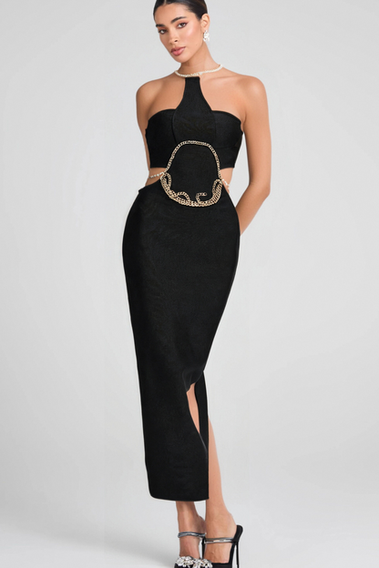 GOLD CHAIN WAIST CUTOUT BANDAGE DRESS