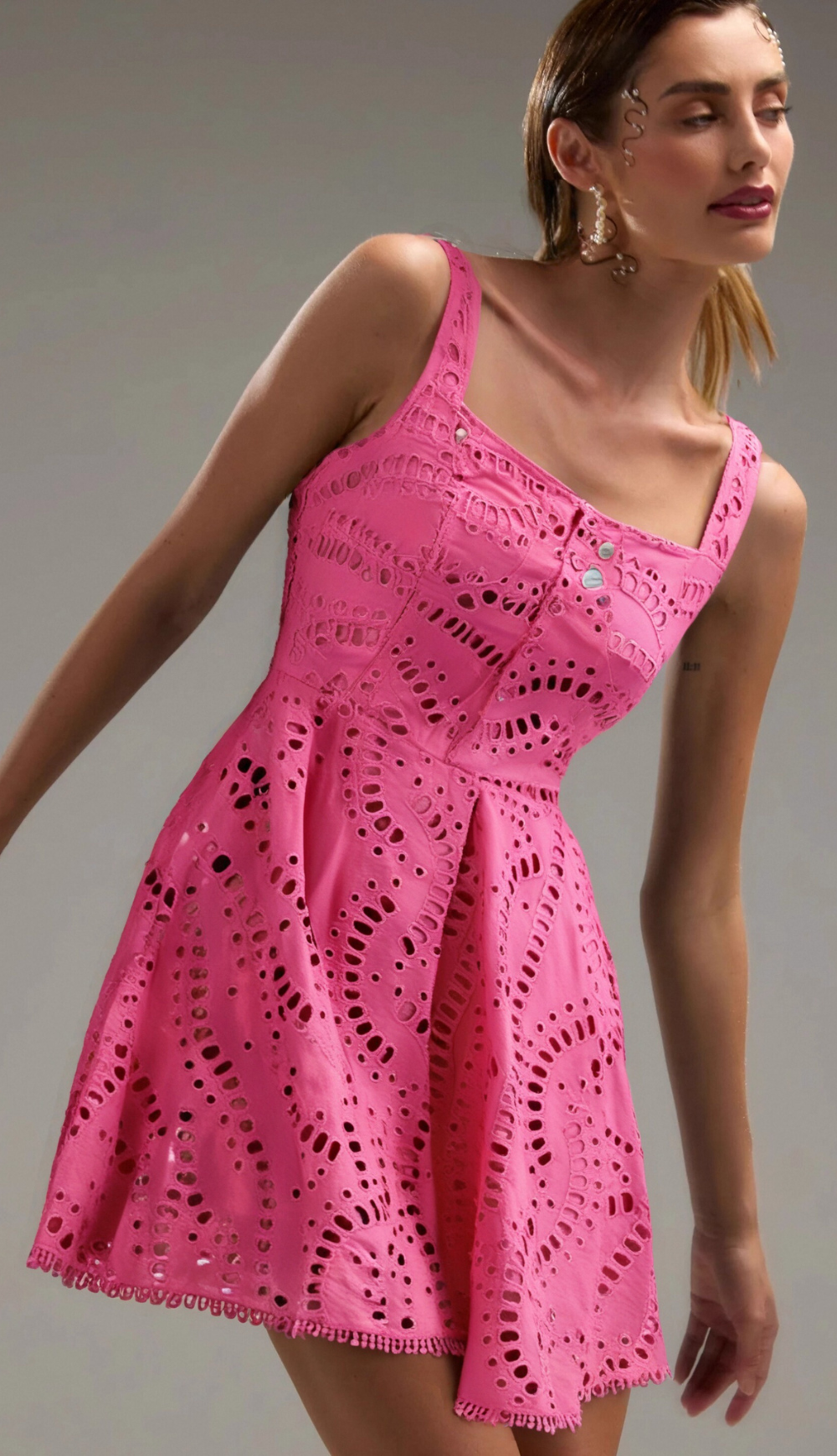 EMBROIDERED HOLLOW MINI DRESS IN HOT PINK