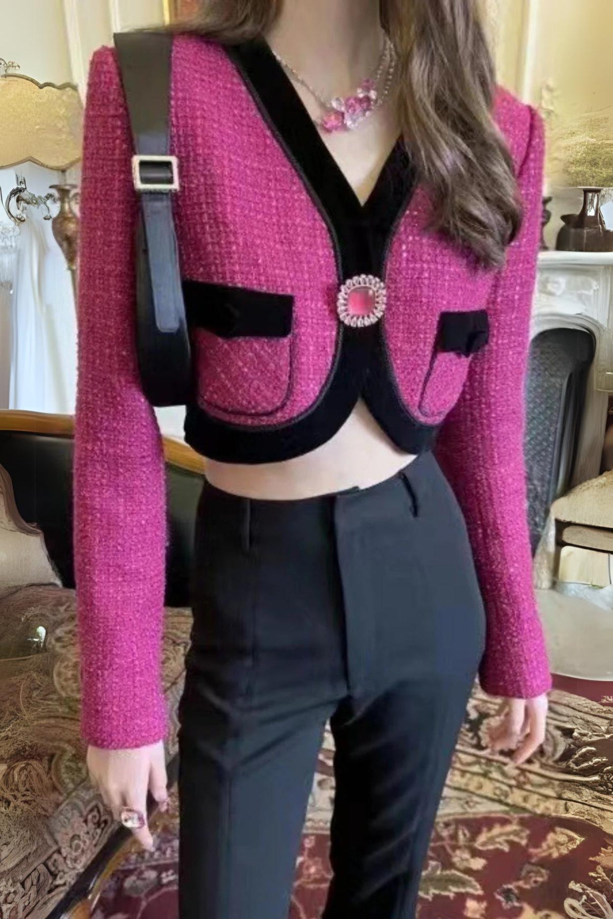 V NECK LONG SLEEVE PATCHWORK BUTTON VINTAGE SHORT COAT