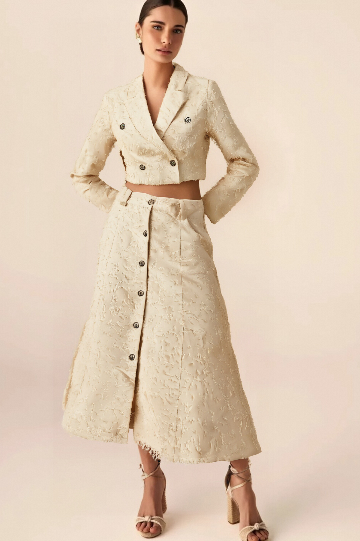 Karine white fringed jacket & skirt matching set