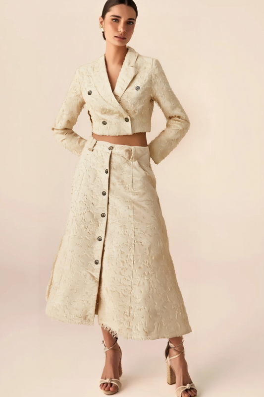 Karine white fringed jacket & skirt matching set