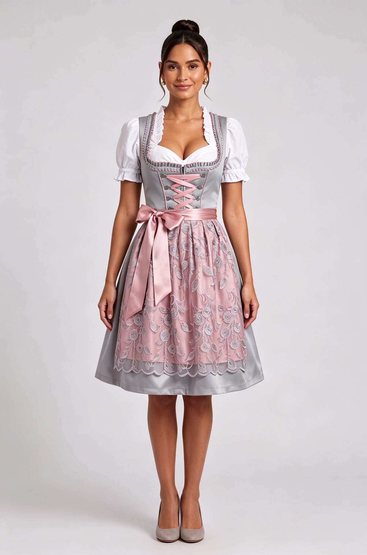 silver-grey satin-finish polyester fit-and-flare dirndl set