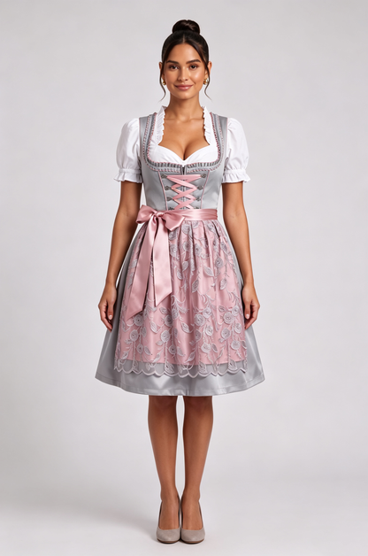 silver-grey satin-finish polyester fit-and-flare dirndl set