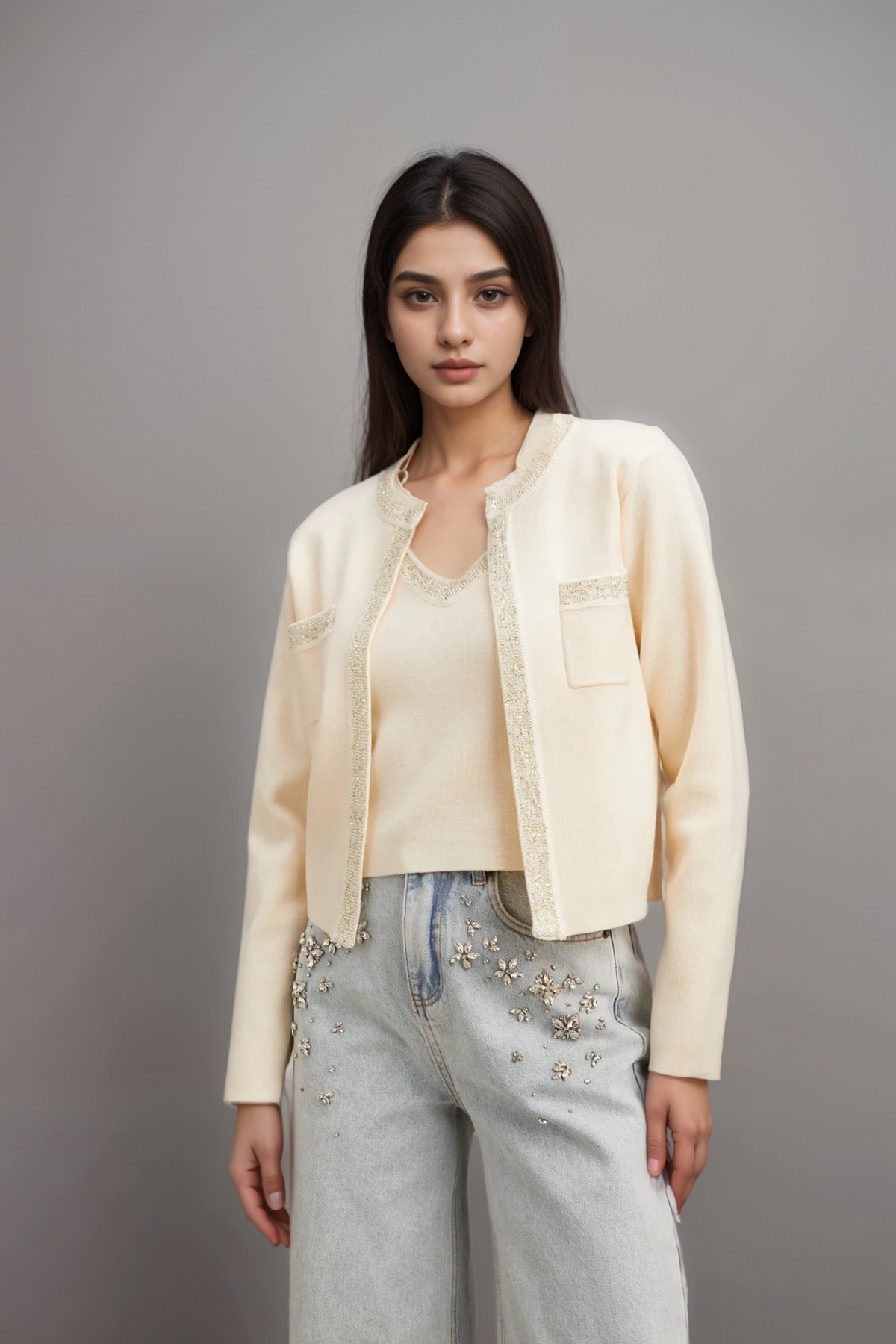 Celia white sequined fine-knit cropped top