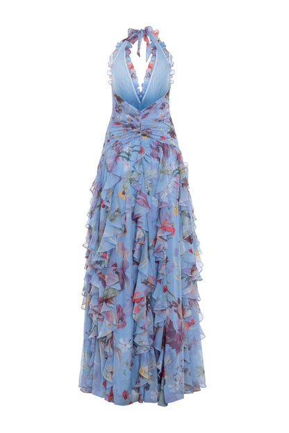 Floral Halter Ruffle Tulle Maxi Dress in Blue