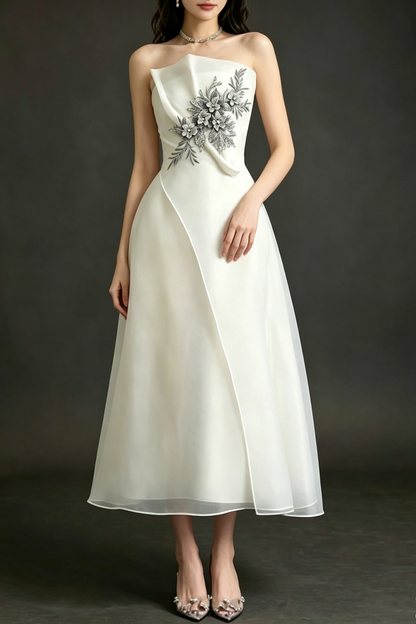 Strapless Layered Organza Midi Dress In White With Graay Flower Embroidery