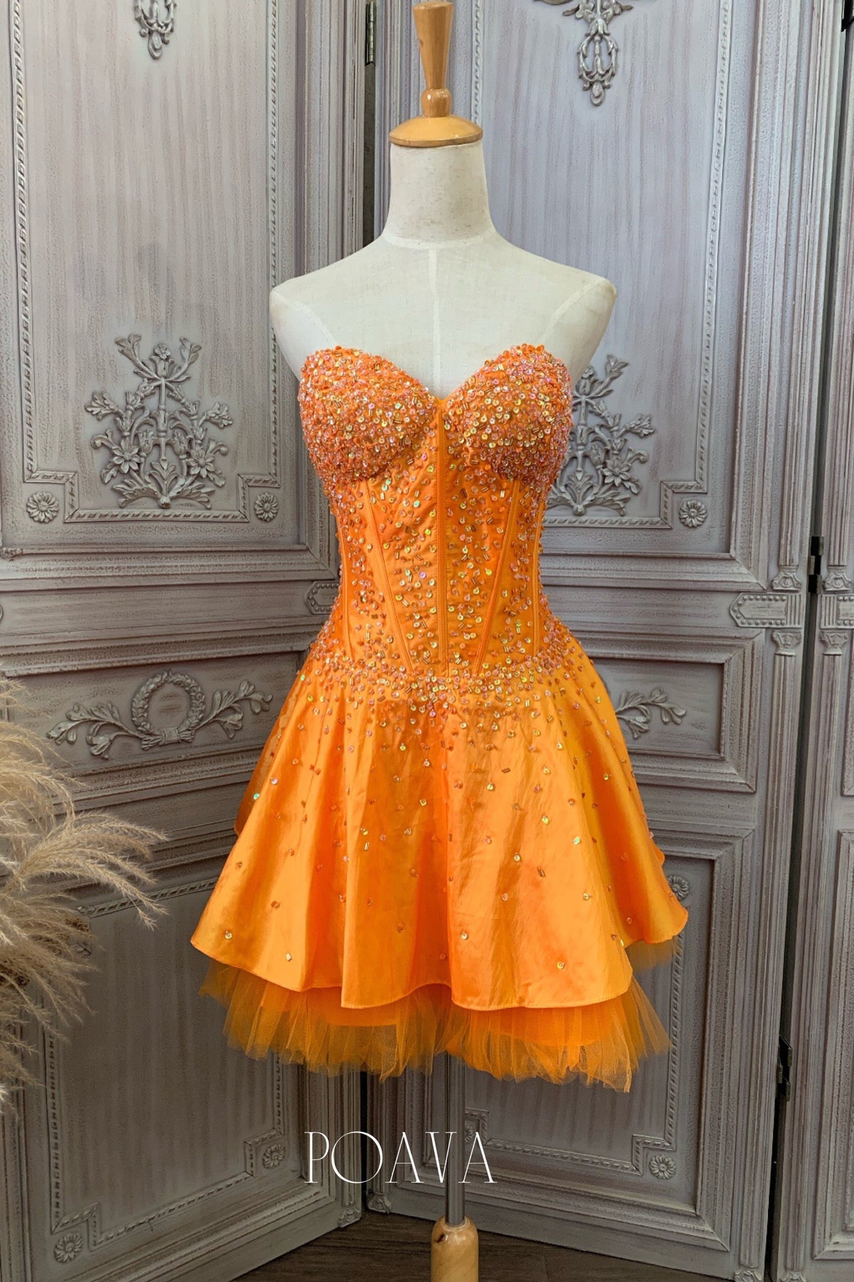 Embellished Mini Strapless Dress In Orange