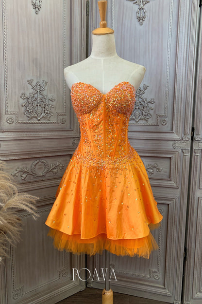 Embellished Mini Strapless Dress In Orange