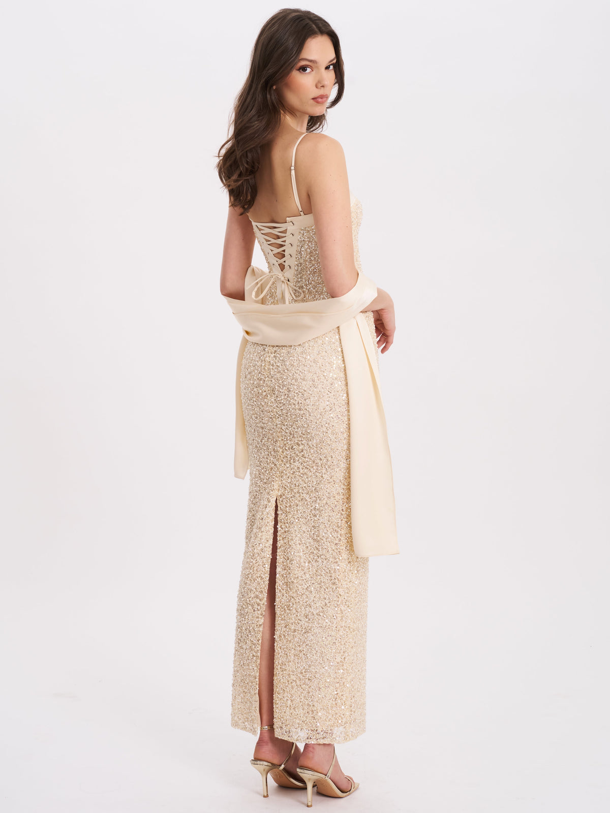 Raizel Gold Beaded Sequin Bodycon Gown with Scarf