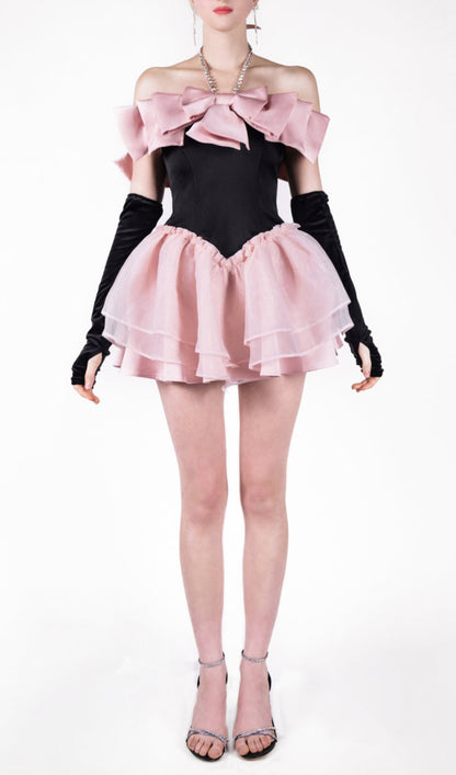 BLACK-PINK BOW RHINESTONE FLARE DRESS