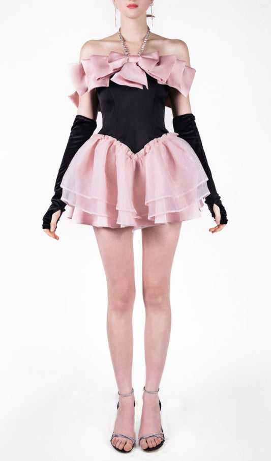 BLACK-PINK BOW RHINESTONE FLARE DRESS