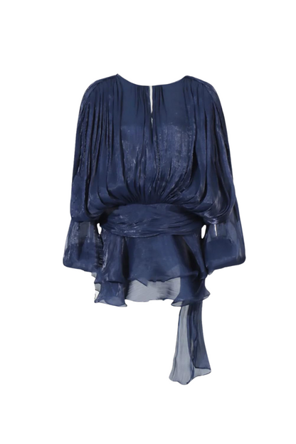 hermosa Balloon Sleeve Ruch Ruffle Mini Dress In Deep Blue