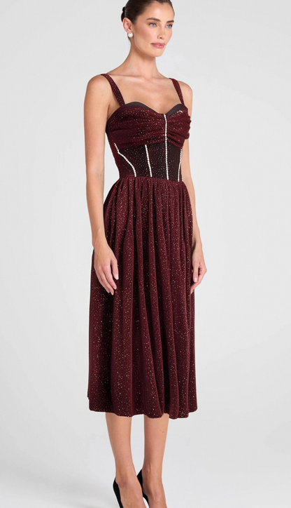 RUCHED BUST RHINESTONE MESH CAMI DRESS
