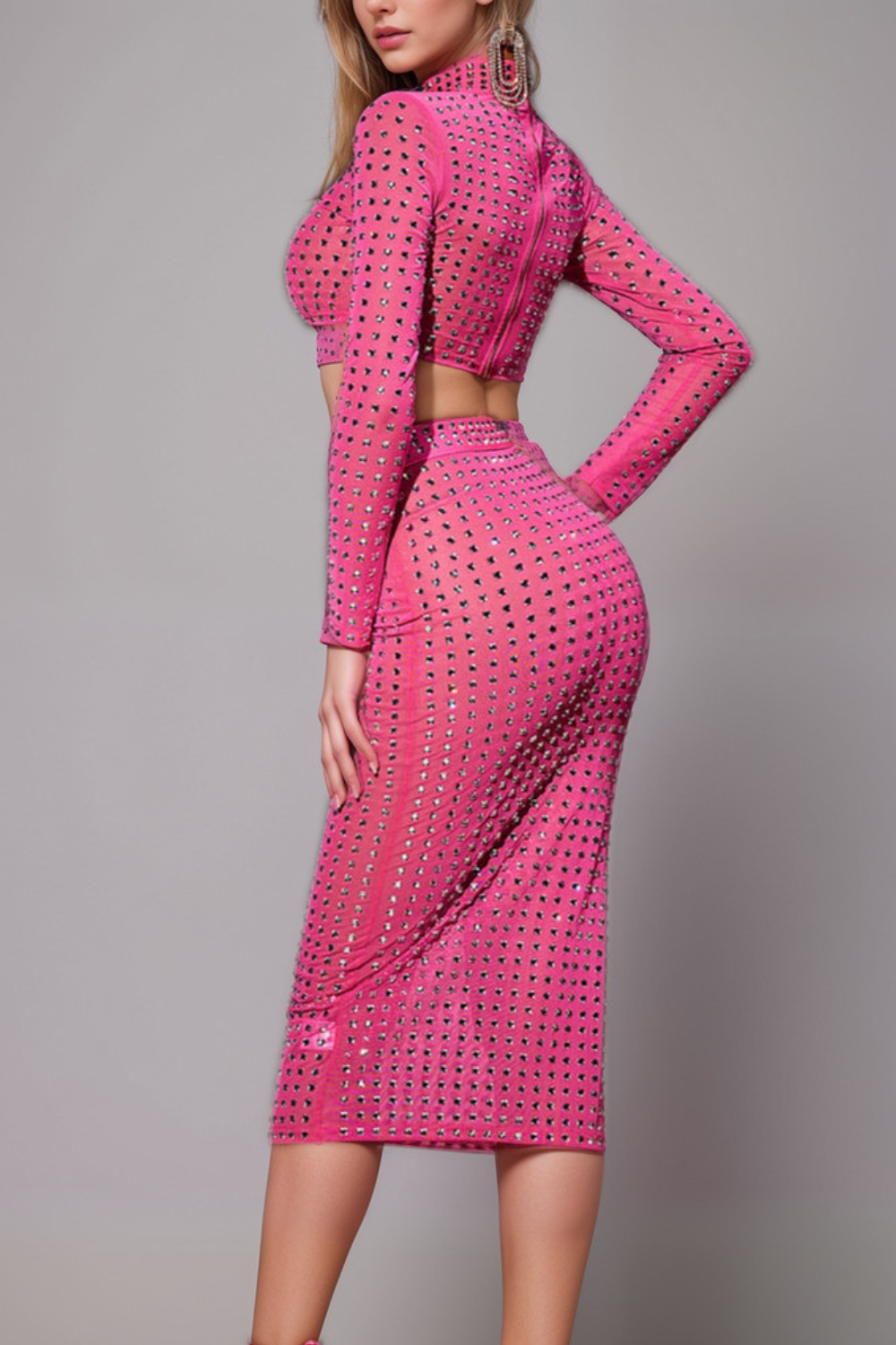 EMBELLISHED SPLIT MESH SKIRT SET IN HOT PINK