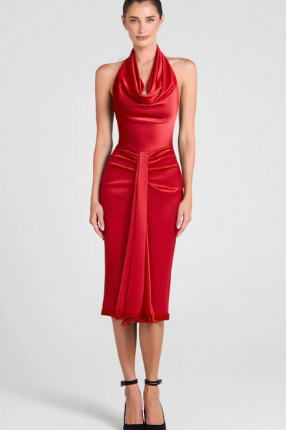 HALTER DRAPED SATIN MERMAID MAXI DRESS IN RED