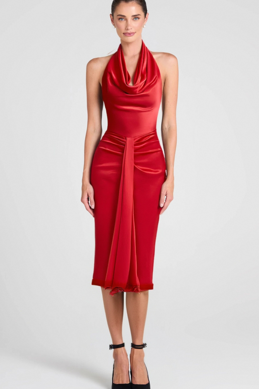 HALTER DRAPED SATIN MERMAID MAXI DRESS IN RED