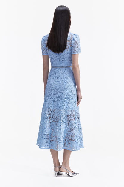 BLUE CORD LACE BOW MIDI DRESS