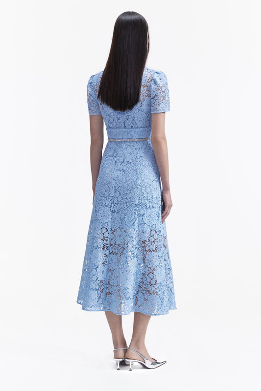 BLUE CORD LACE BOW MIDI DRESS