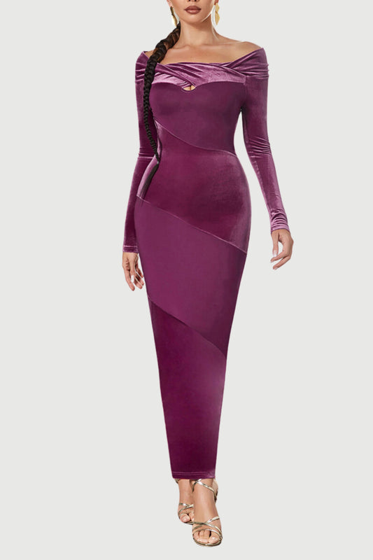 LONG SLEEVE MAXI VELVET DRESS MAGENTA