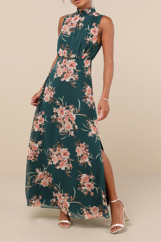 Emerald Floral Mock Neck Maxi Dress