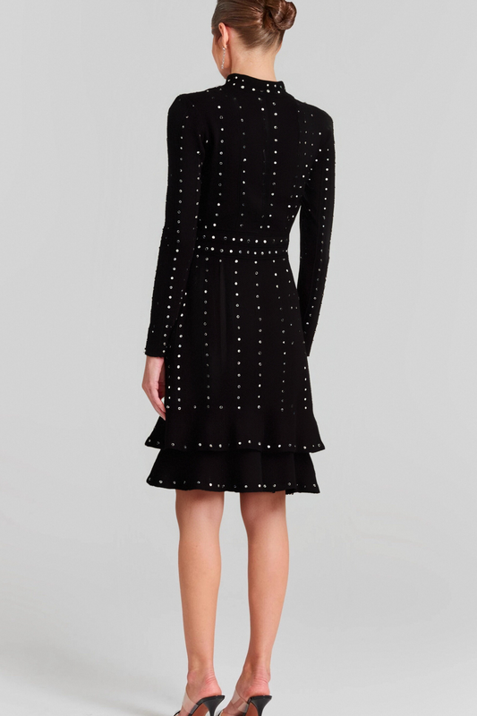 Fabienne black embellished ruffled knitted mini dress