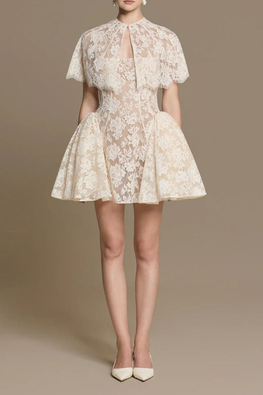 White Lace Cape-Sleeve Mini Dress