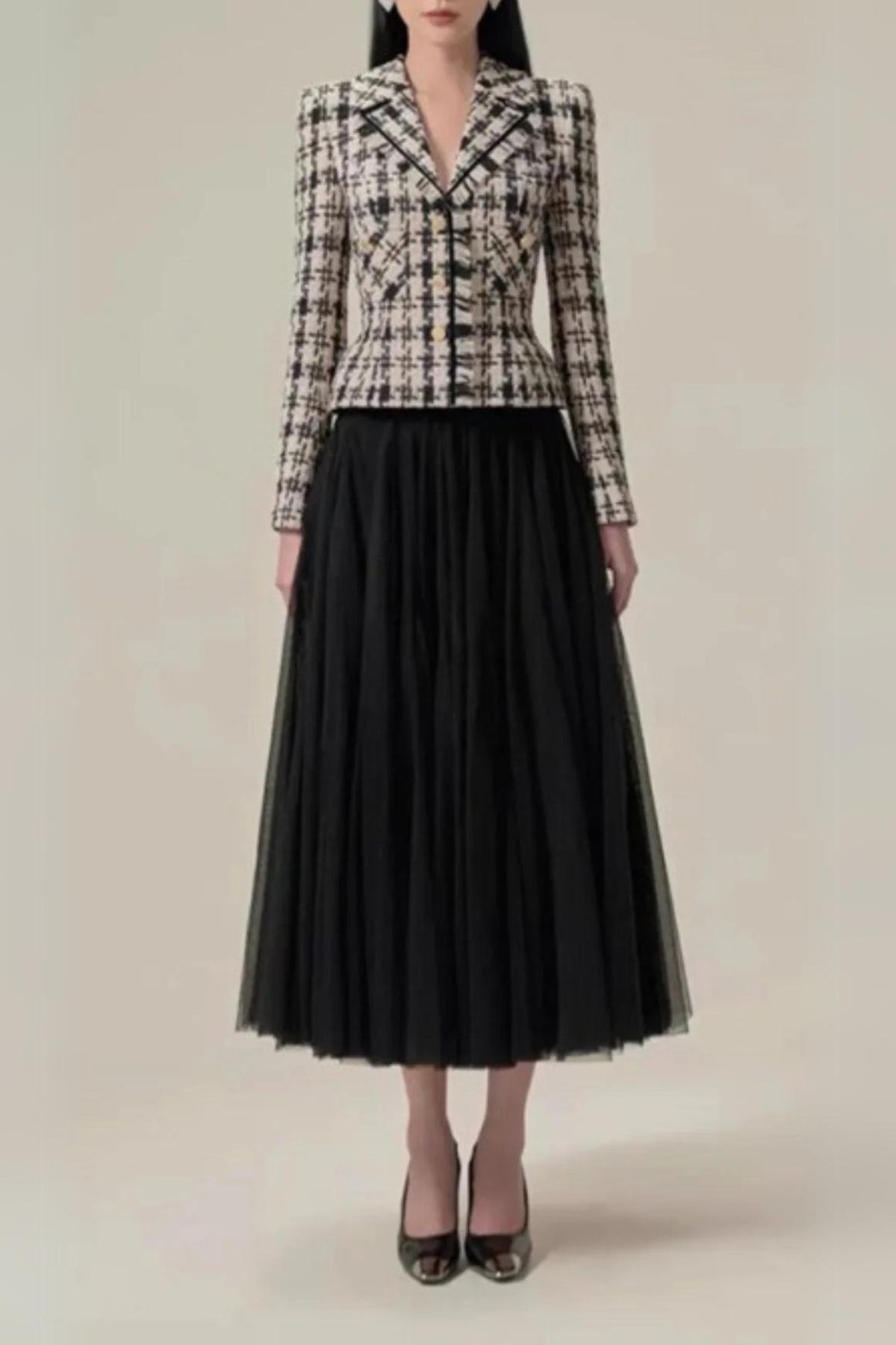 PLAID MESH SKIRT SUIT