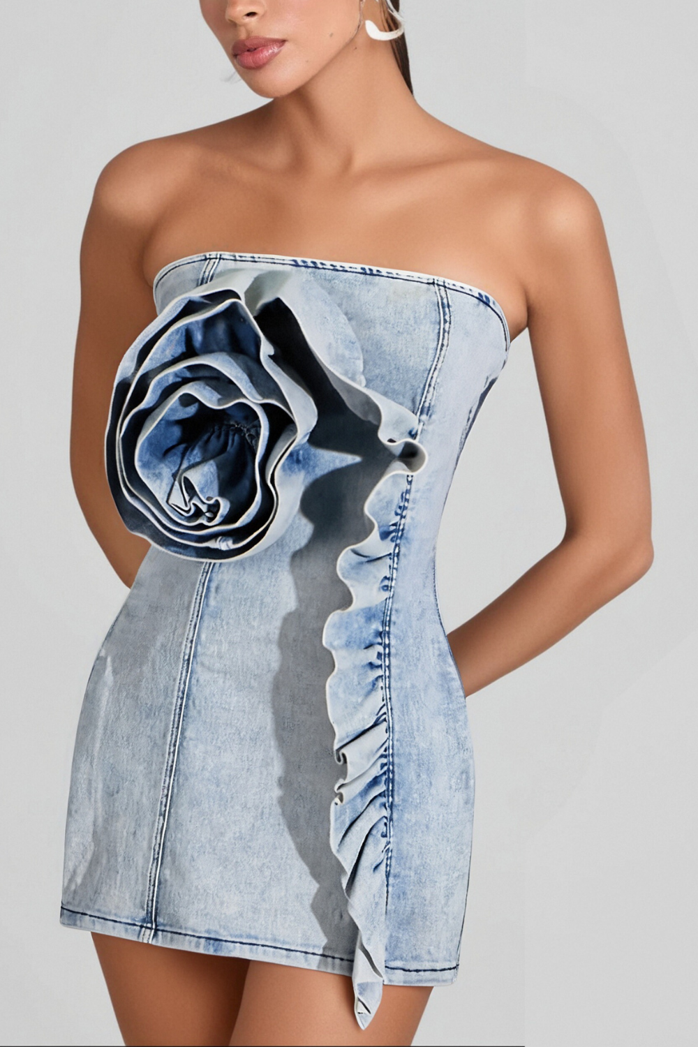 ALISON BLUE RUFFLED TRIM STRAPLESS DENIM MINI DRESS