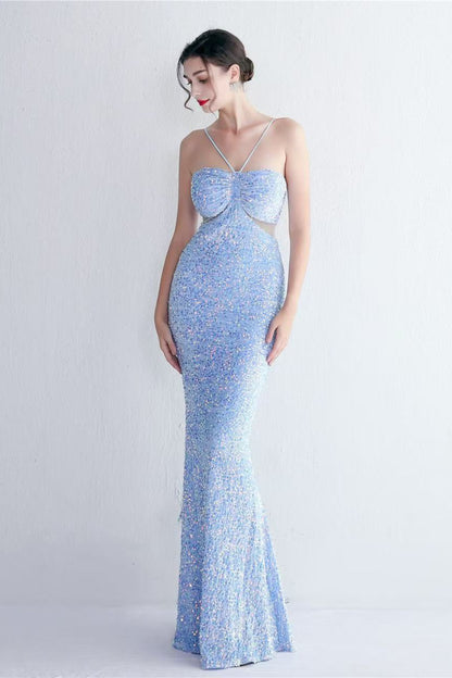 MARIAN BLUE CUTOUT SEQUINS HALTER MAXI DRESS