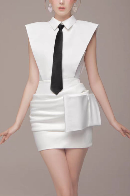 White Bowknot Mini Dress With Necktie