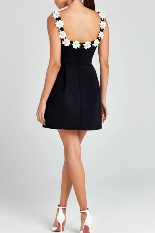 ZENOBIA FLOWER EMBELLISHED BLACK MINI DRESS