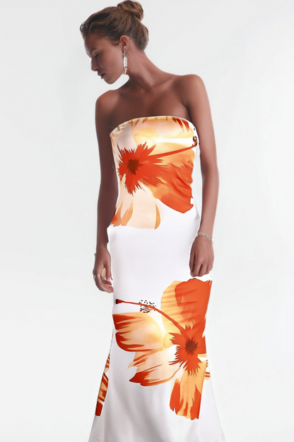 SARRIDES STRAPLESS PRINT MIDI DRESS