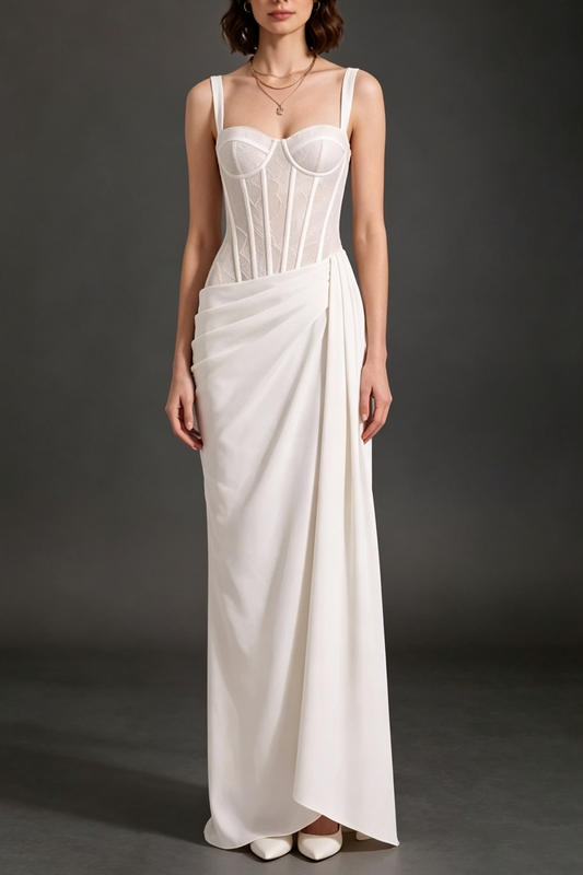 White Lace Corset Spaghetti Strap Draped Satin Maxi Gown