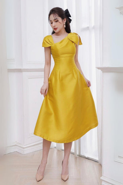 Yellow Asymmetrical Bow Satin Midi Party Dress