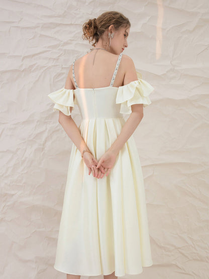 Light yellow satin midi prom dress