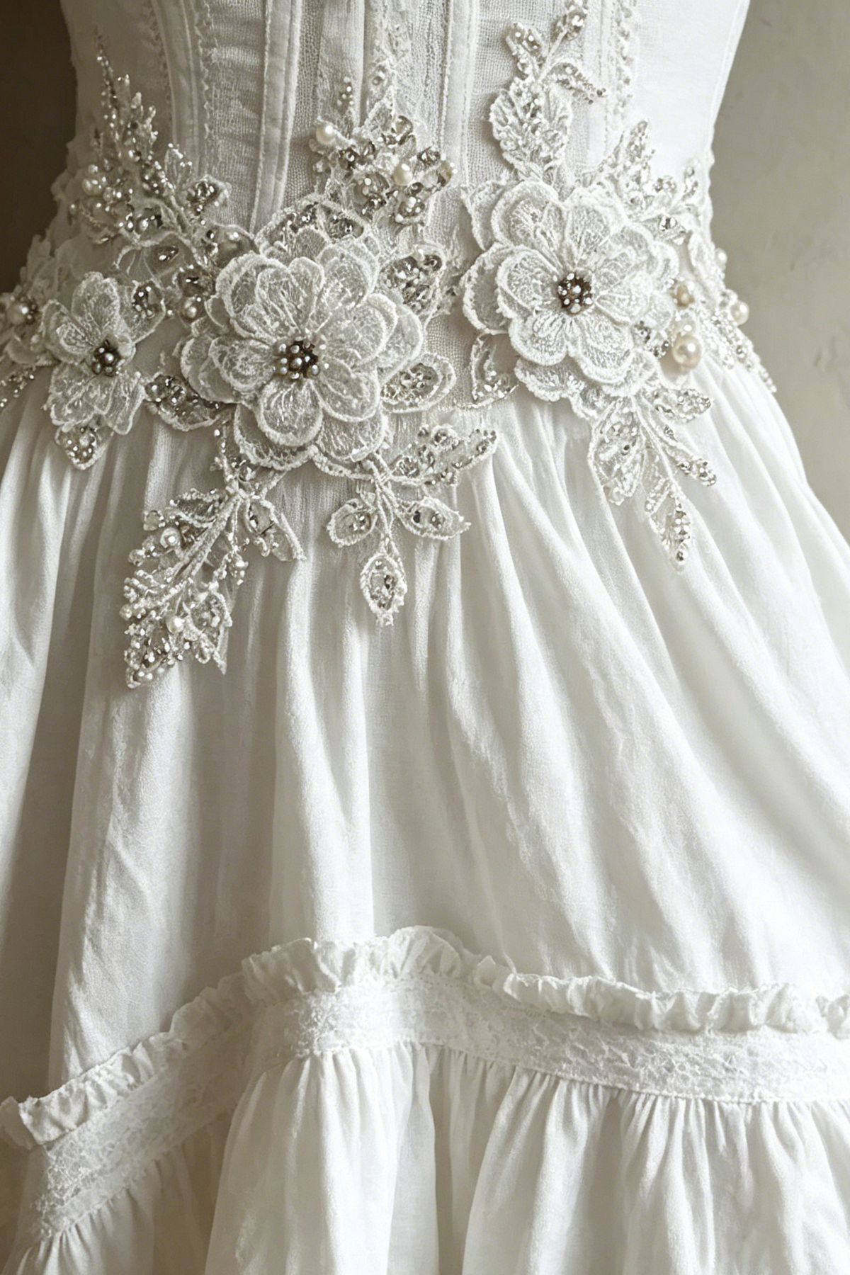 Corset-Style Embroidery Lace Trim Tiered Midi Dress