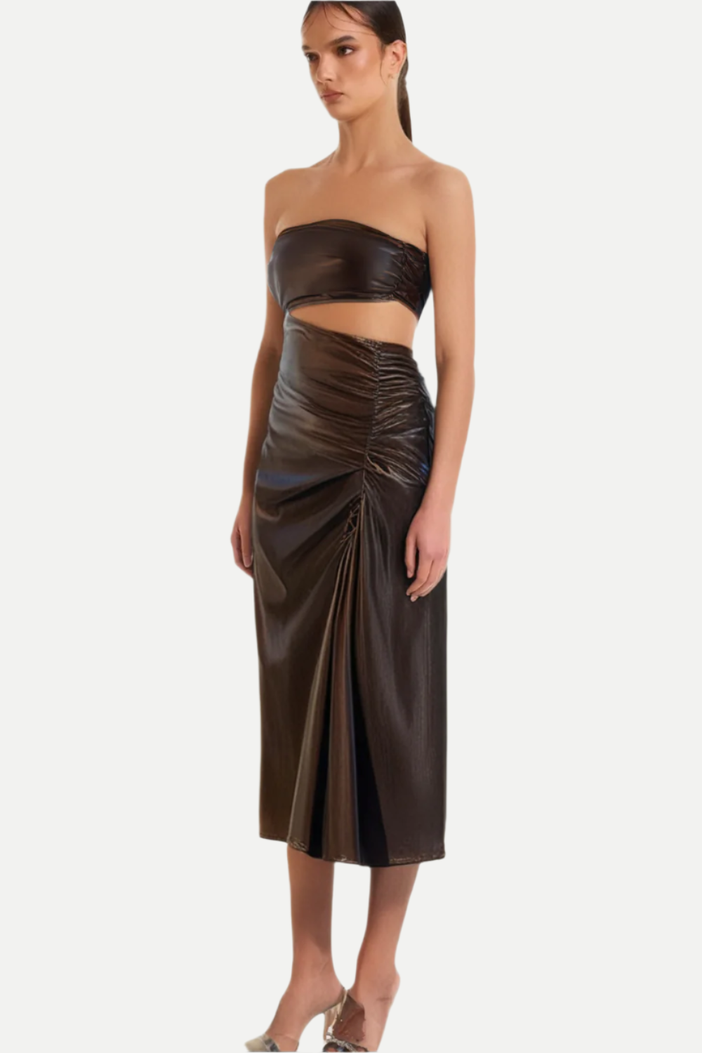 STRAPLESS CUTOUT LEATHER MIDI DRESS