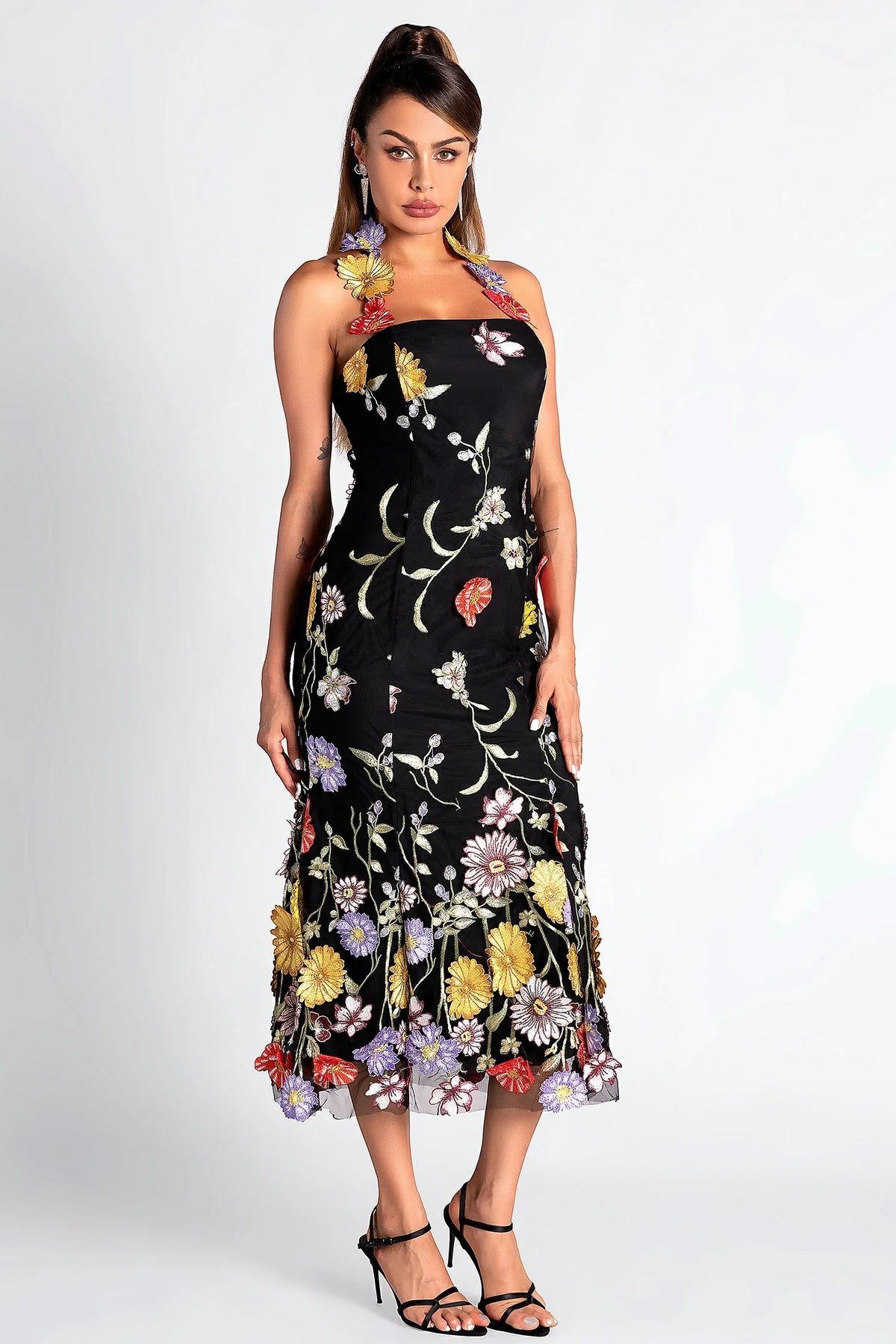 HALTER EMBROIDER FLORAL MIDI DRESS IN BLACK