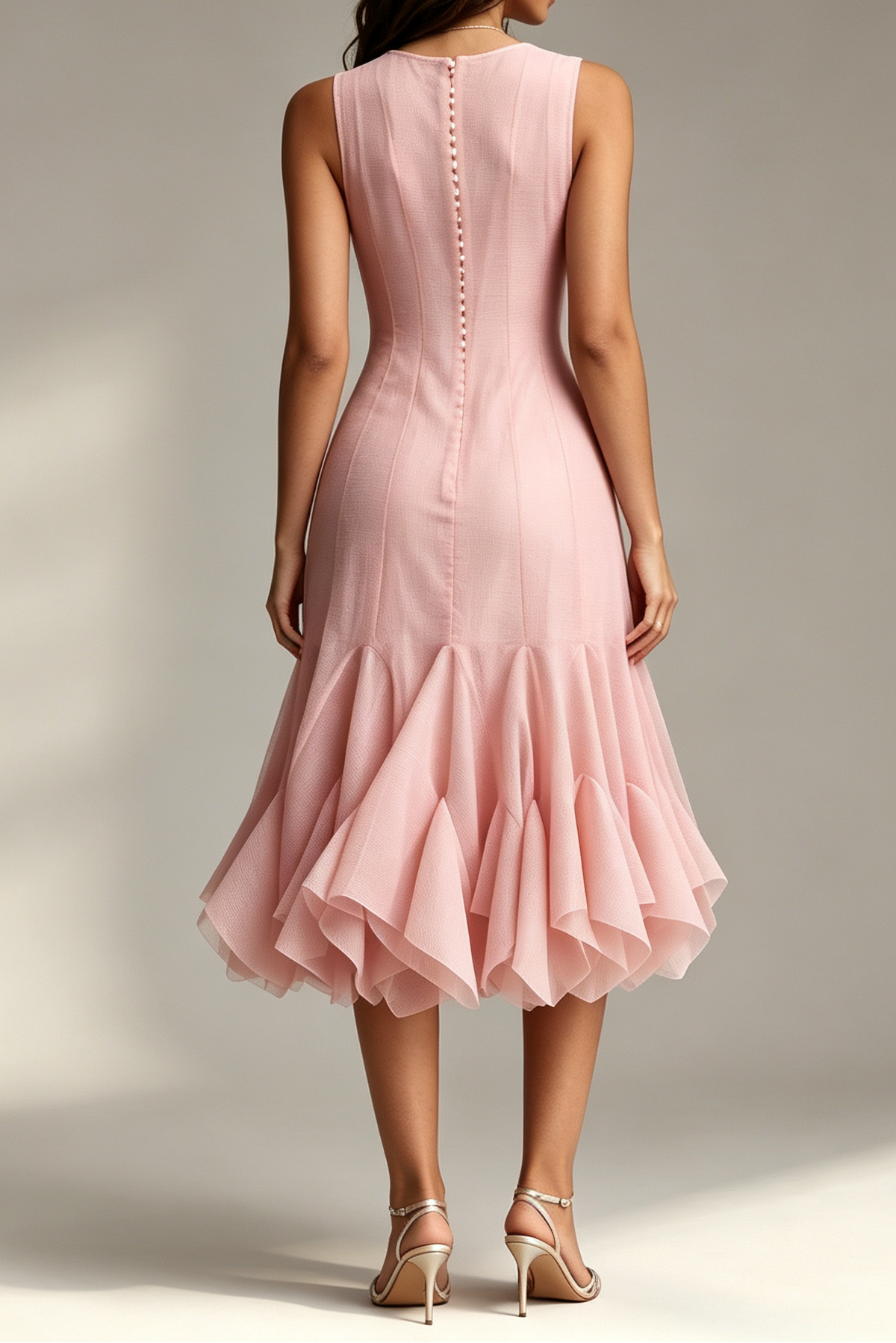 Blush Pink Crew Neck Sleeveless Vertical Button Front Flared Ruffle Hem Midi Dress