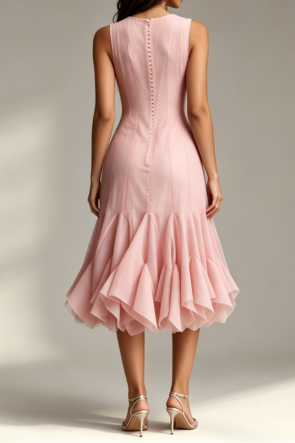 Blush Pink Crew Neck Sleeveless Vertical Button Front Flared Ruffle Hem Midi Dress