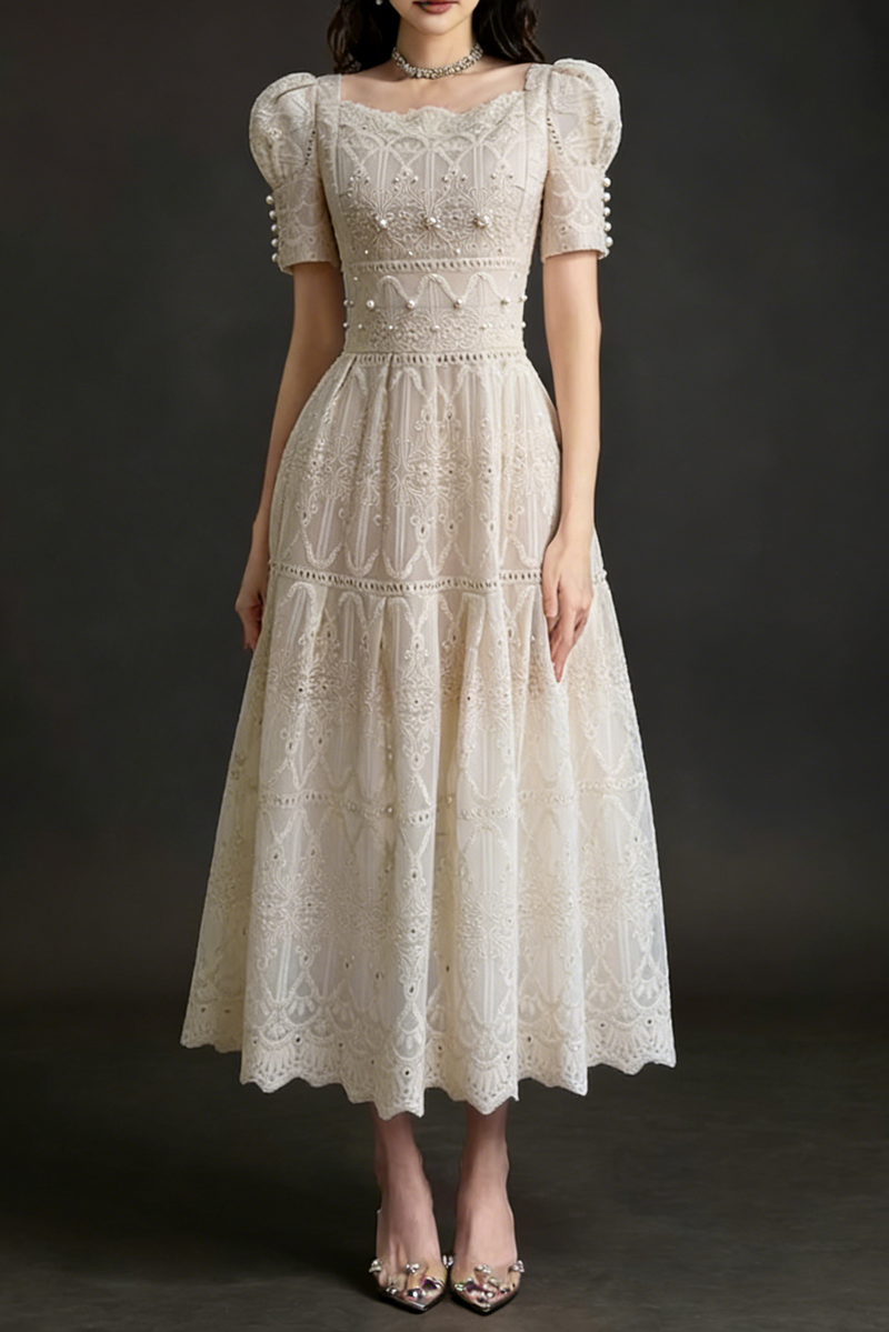 A-line Leg Of Mutton Sleeved Lace Midi Dress