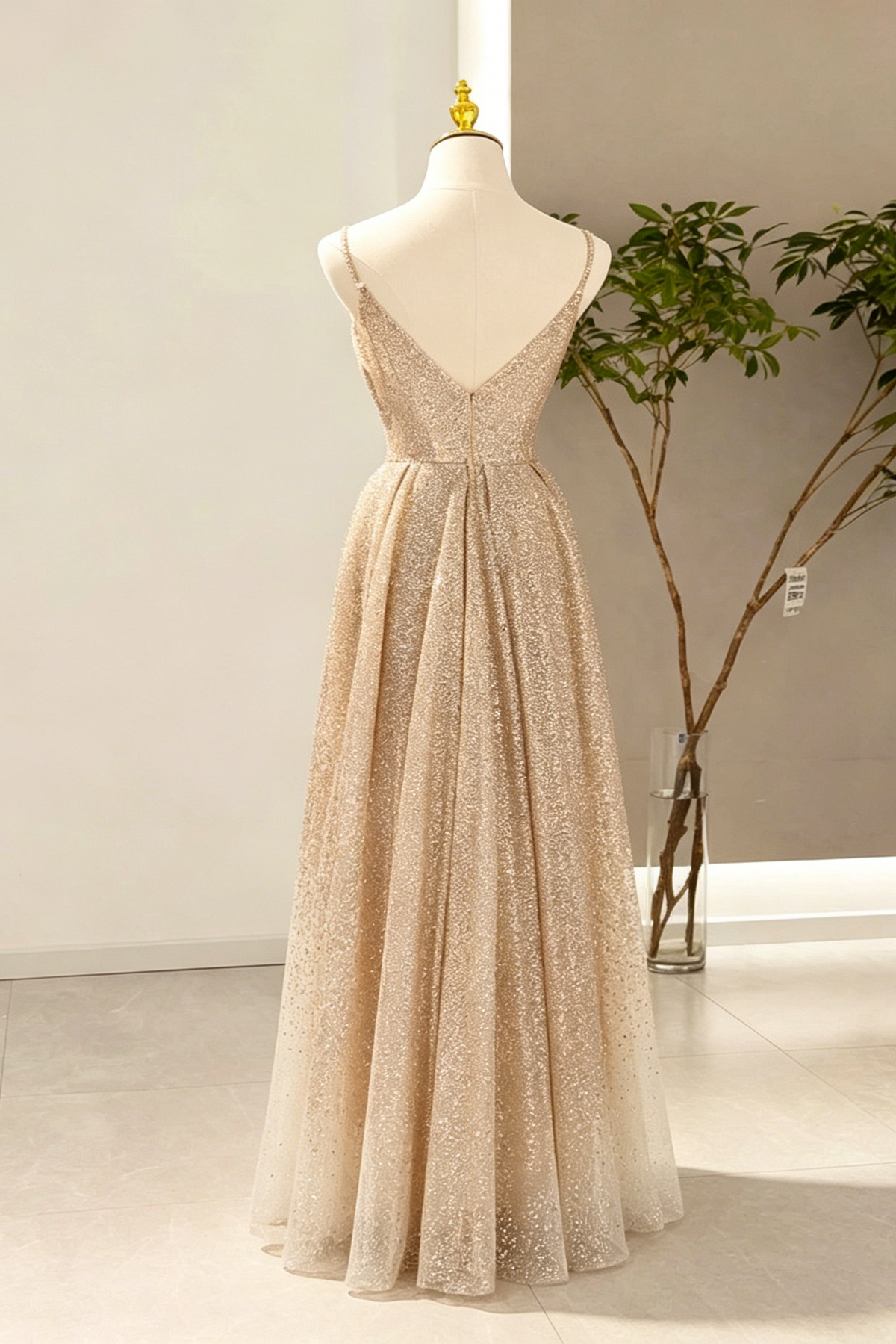Gold V-Neck Sequins Prom Dress