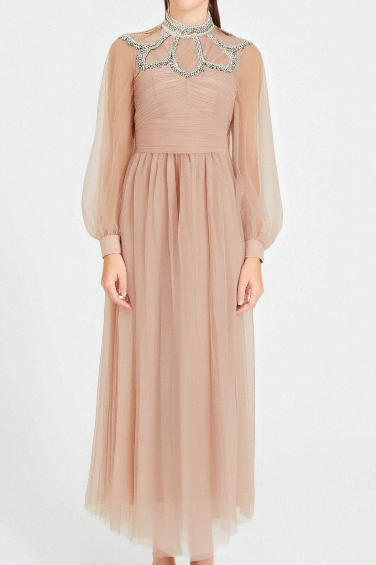 Calixte pink embellished tulle midi dress